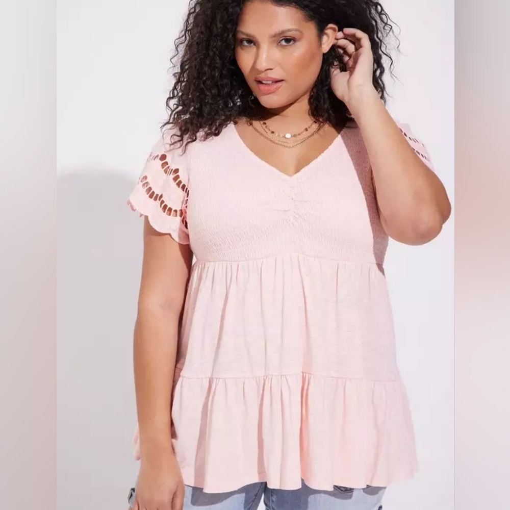 Torrid Cotton Modal Slub V-Neck Smocked Bodice Eyelet Sleeve Babydoll Top
